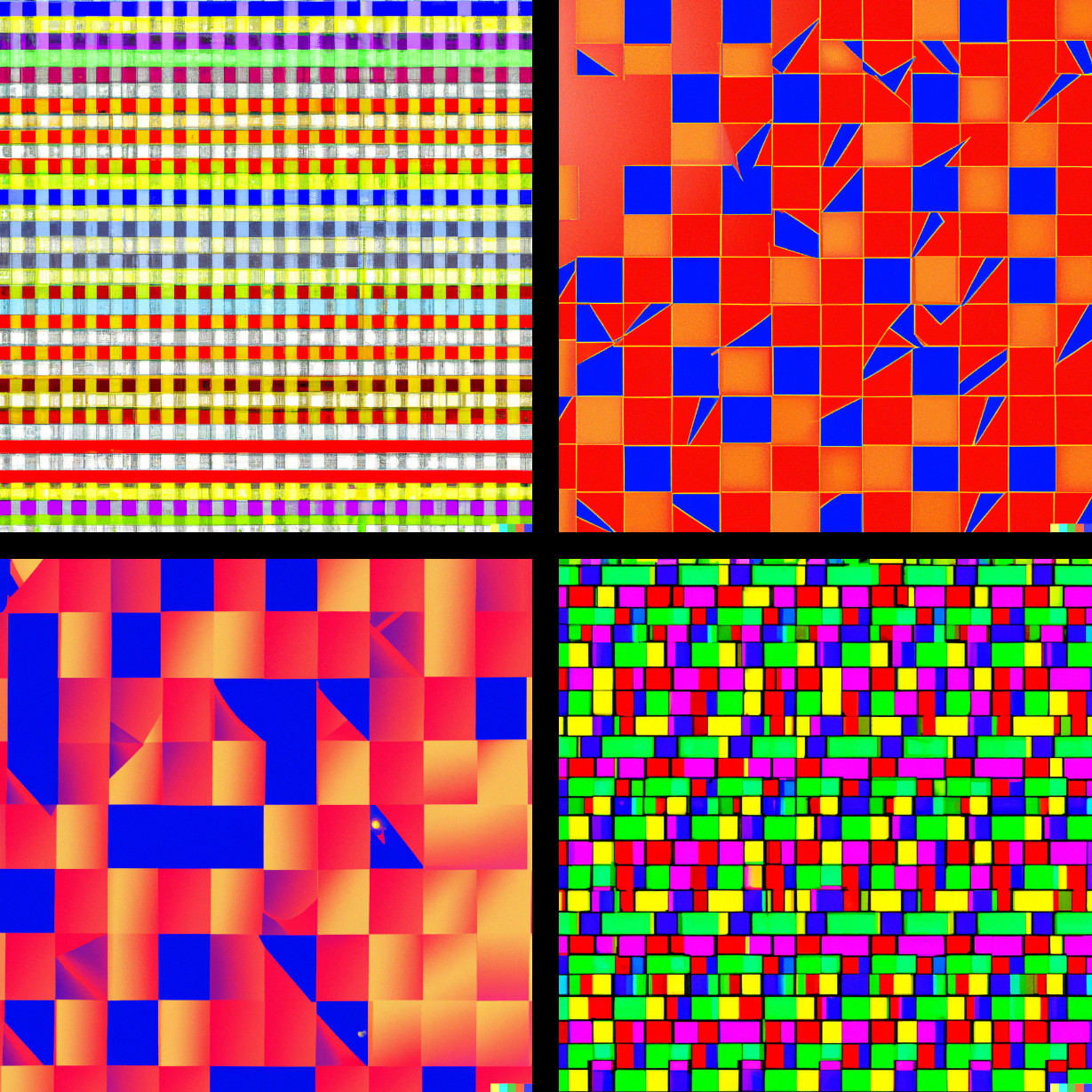 Four executions of Sol LeWitt's drawing "Straight lines, approximately one inch long, drawn at random, within a square using four directions of line, each a different colour" by DALL·E 2.